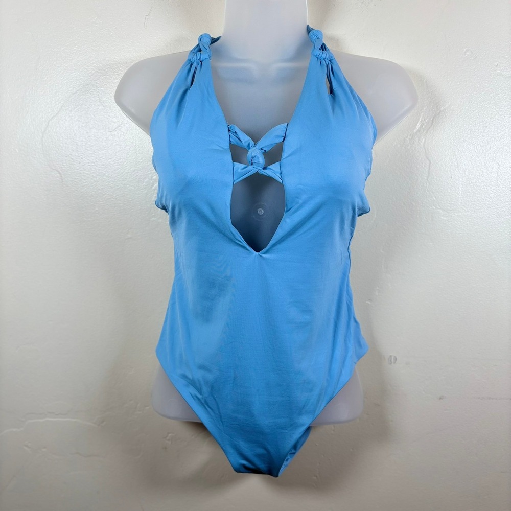 Becca Helena Plunge One-Piece Swimsuit Coastline Blue Vacation Beach Cruise Sz L - Picture 2 of 10